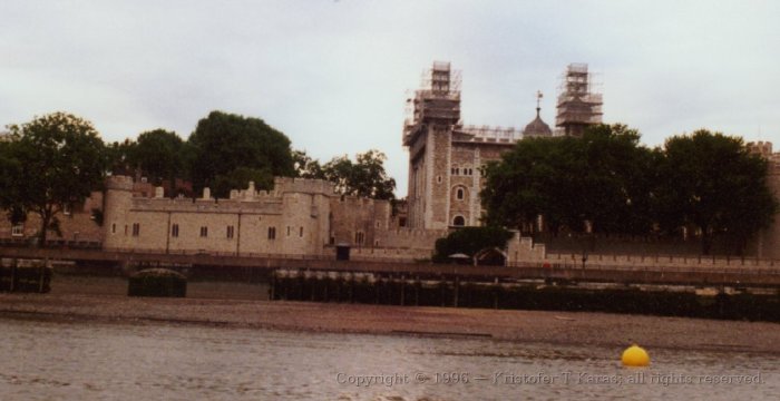 Tower of London, with scaffolding, as seen from the Thames