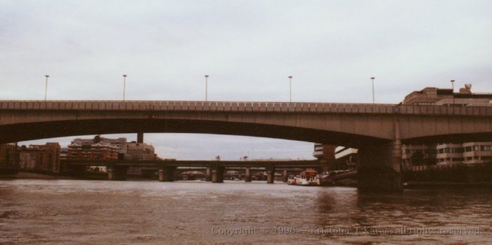 Peering under the modern London Bridge, looking westward upriver