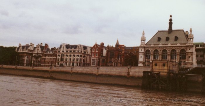 Buildings along the Thames displaying lovely architectural features, London
