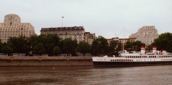 Permanently-moored riverboat on the Thames, London