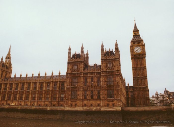 Houses of Parliament and tower, riverboat view, London