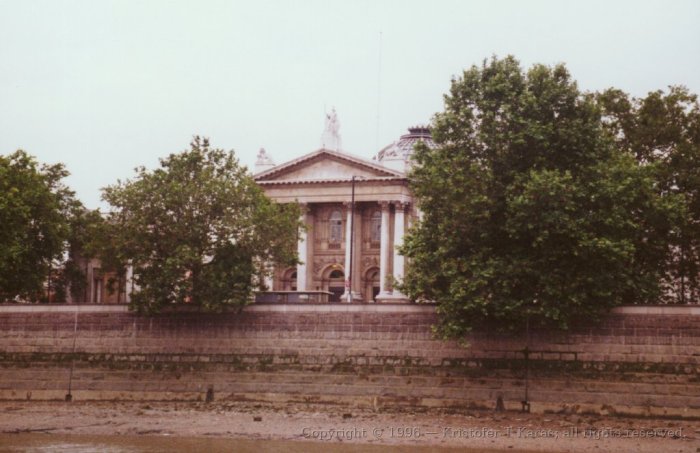 Portion of Tate Gallery exterior, the Thames, London