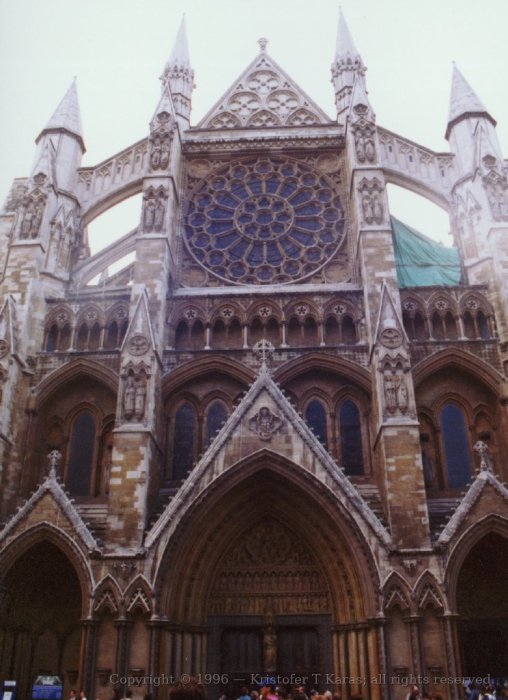 Stained glass and flying buttresses, Westminster Abbey, London