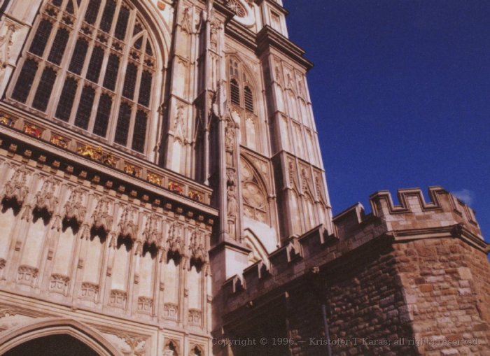 Askew and skyward looking view of front of Westminster Abbey, London