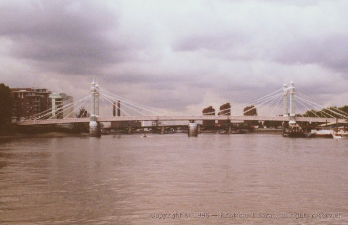 Looking upstream along the Thames at Albert Bridge, London