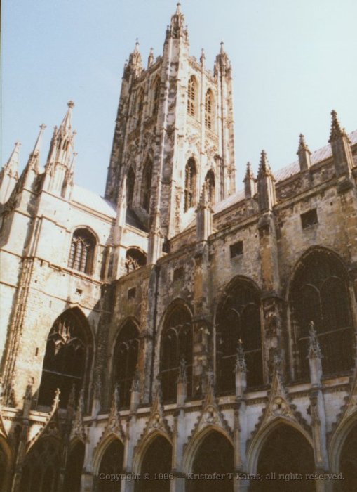 Corner and tower of Canterbury Cathedral, England