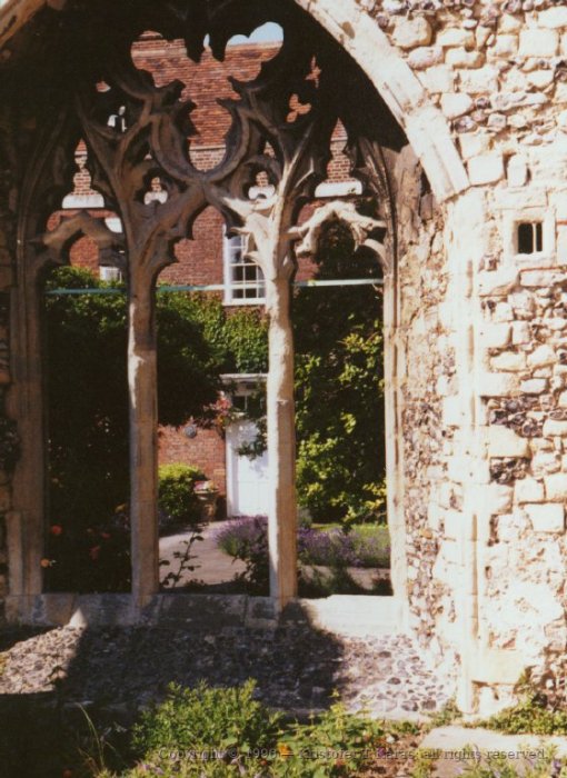 Archway of ruins behind Canterbury Cathedral, England