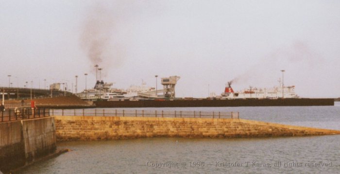 Dock with boarding ferries, Dover harbor, England