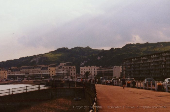 Moody sky above a Dover Harbor waterfront, England