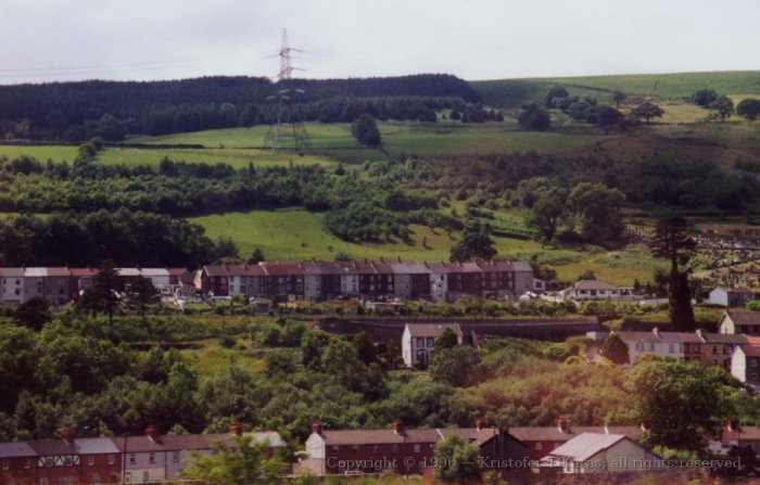 Row houses dot base of Welsh valley, near Cardiff, Wales