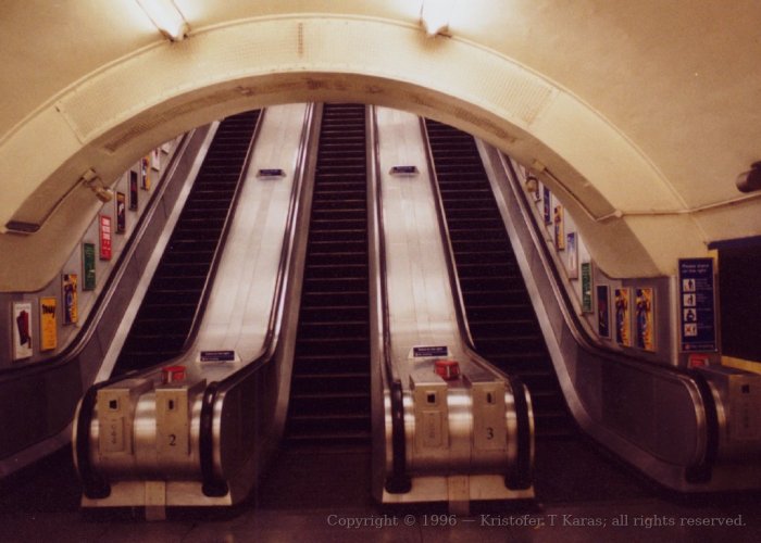 Base of escalators, Euston underground station, London