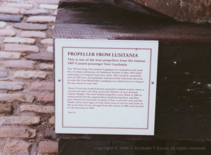 Plaque accompanying the Lusitania Propeller, Liverpool, England