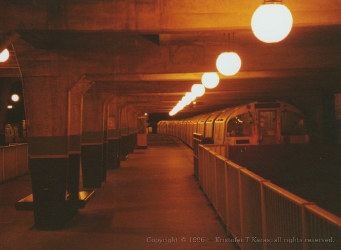 High Barnet or Edgeware tube station at night, London, England