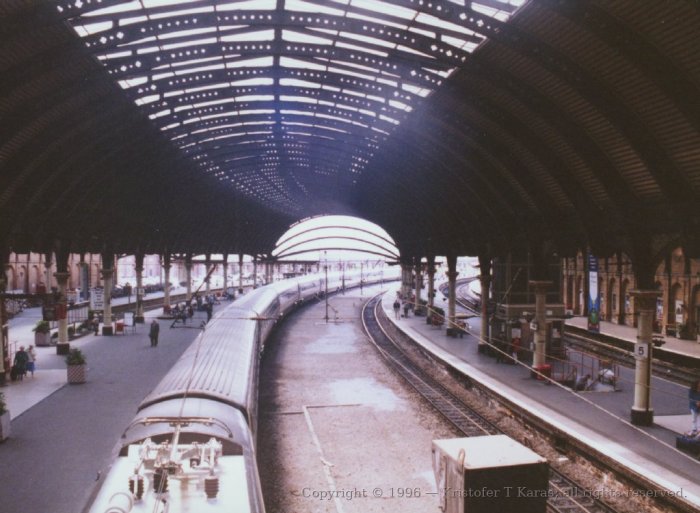 York station platform, above catenary, England