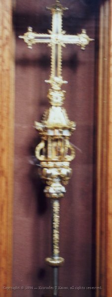 Display case, fuzzy hand-held shot, York Minster, England
