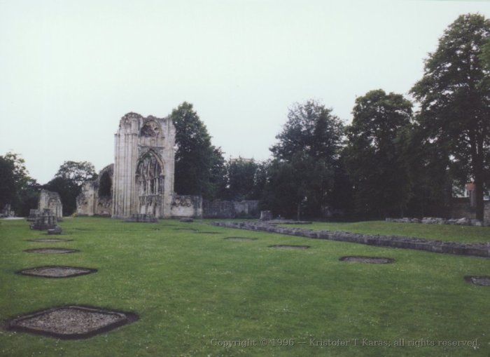 Ruined archways and grassy nave, Saint Mary's Abbey, York, England