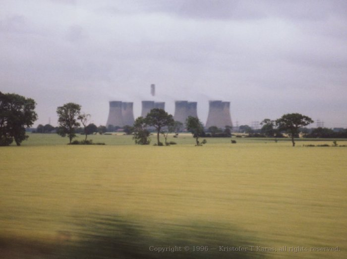 Cooling towers near railway tracks from York to Edinburgh, Scotland