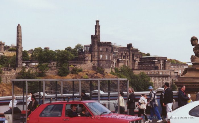 Obelisk and castle-like building, Edinburgh, Scotland