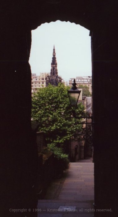 Doorway, lamp and spire in Edinburgh, Scotland