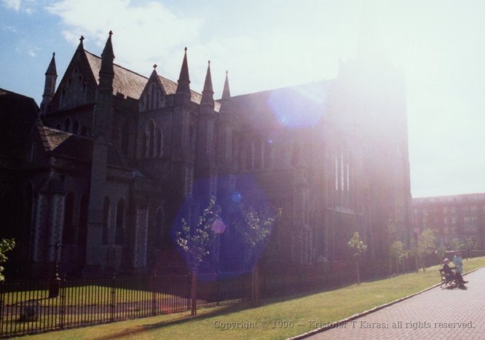 Sun-drenched rear view of Saint Patrick's Cathedral, Dublin