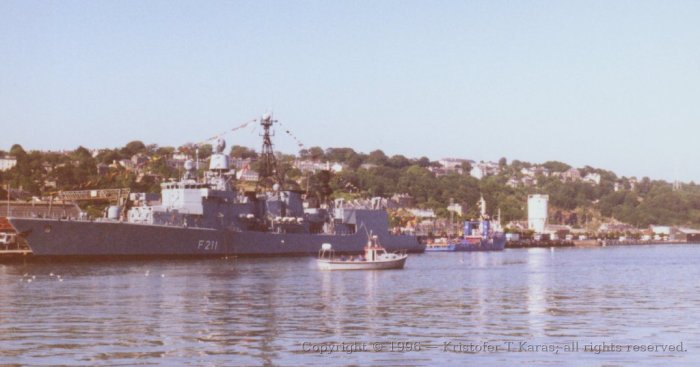 Ship F211 berthed in the larger estuary, Cork harbor, Ireland