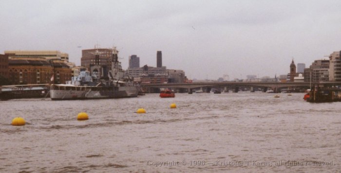 Westward along the Thames toward H.M.S. Belfast and London Bridge