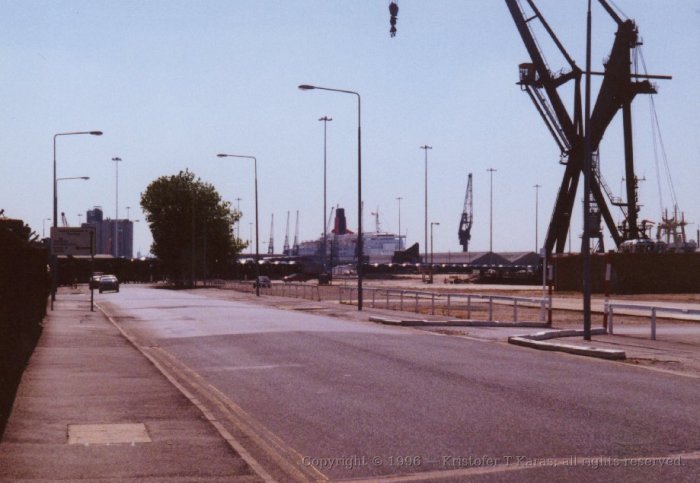 View of the QE2 from a distance, Southampton, England
