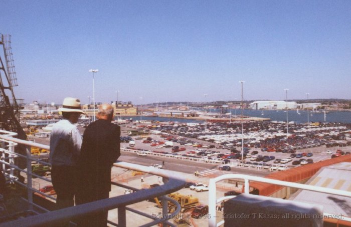 Southampton's waterfront seen from high up on the QE2's deck; England