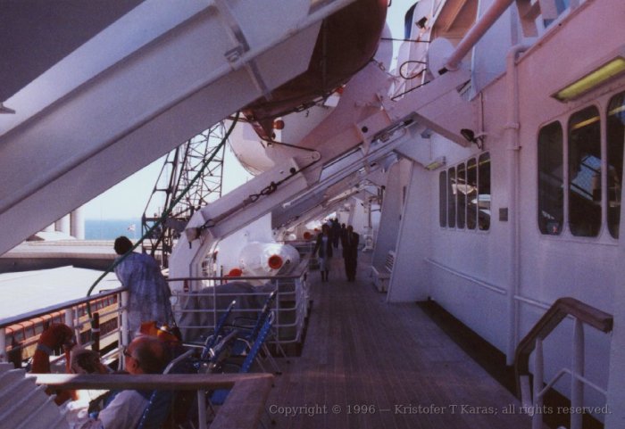 Looking down the boat deck of the QE2