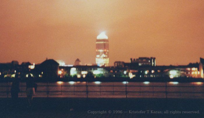 Brightly lit building, the Docklands, from Greenwich, England