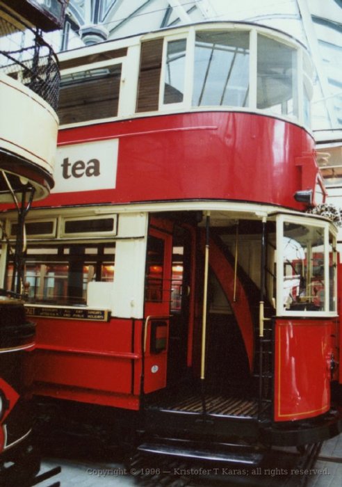 Tram, showing stairs leading to upper deck, London Transport Museum