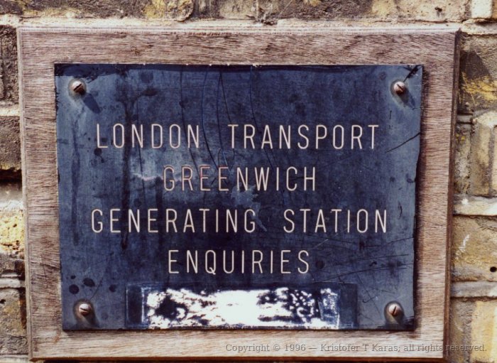 "London Transport Greenwich Generating Station, Enquiries" plaque.