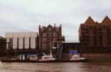 Floating police barracks on the Thames, England.