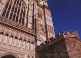 Askew and skyward looking view of front of Westminster Abbey, London