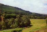 Green valleys just outside of Cardiff, as seen from railway carriage, Wales